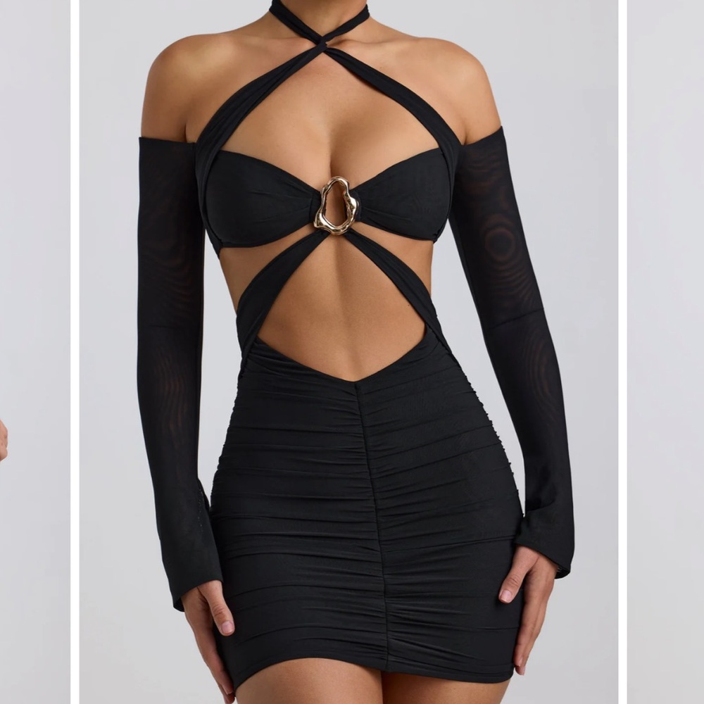 OH POLLY Kemina Off-Shoulder Ruched Cut-Out Mini Dress in Black